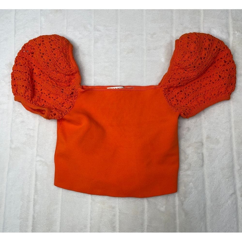 Alice + Olivia Crop Top Womens M Orange Caley Crochet Puff Sleeve Stretch Cotton