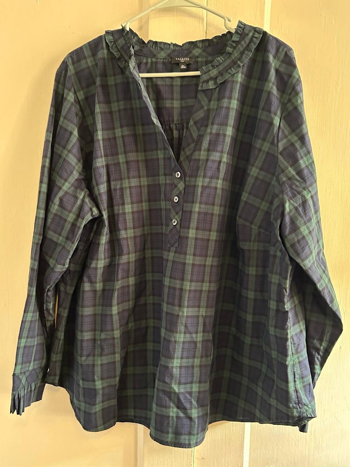 Talbots Size 3X Tartan Navy Blue Popover Blouse
