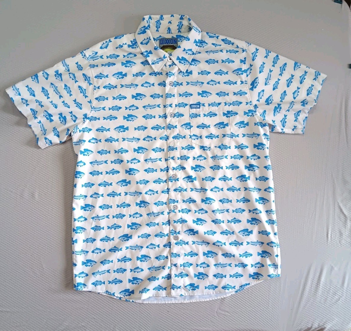 Rare Dixxon The Shasta Fish Print Hawaiian Short Sleeve Blue White Party Shirt L