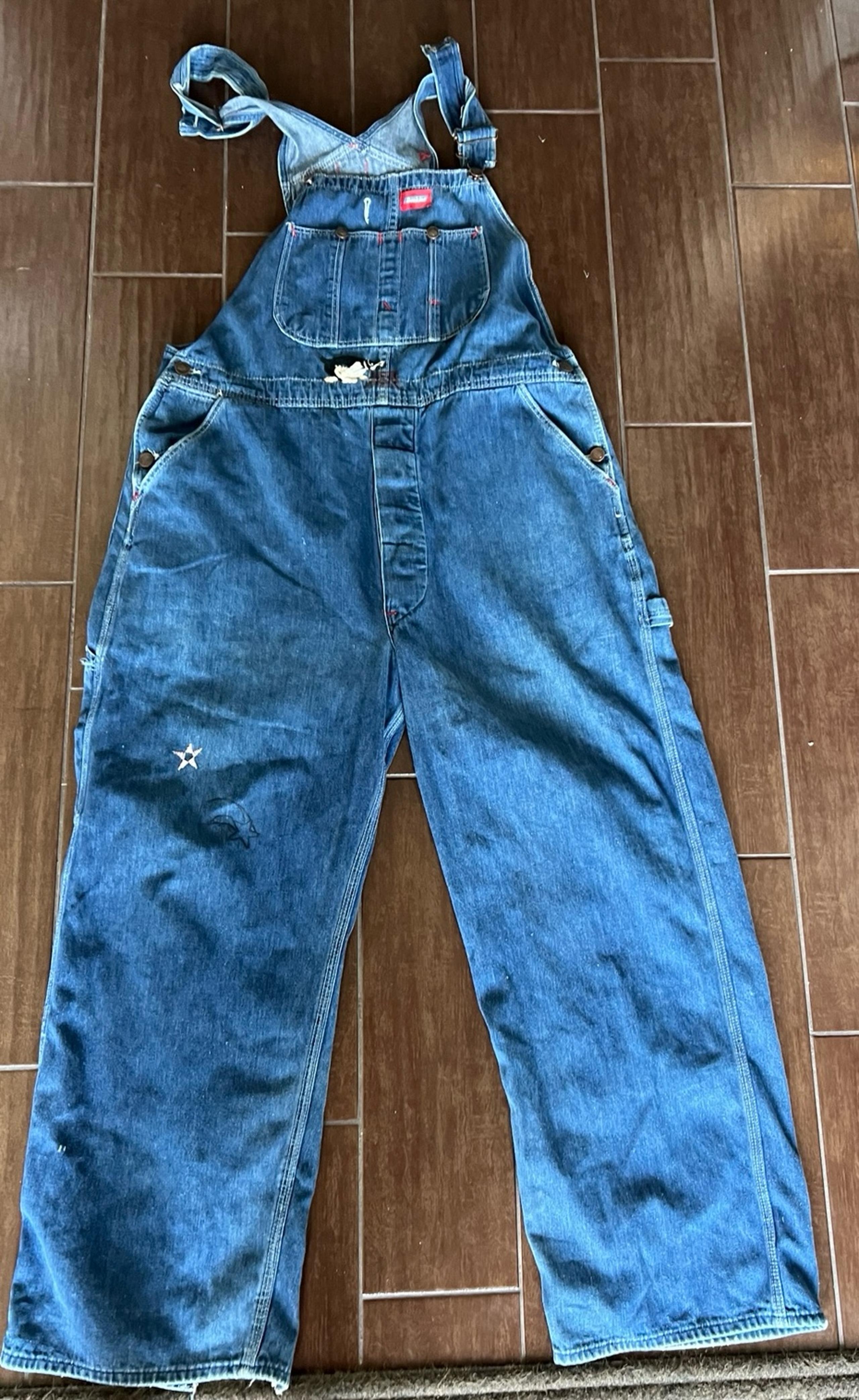 Vintage Dickies Overalls 40x29 – Painted Embroidered Moon Dog Stars – Grunge Wor