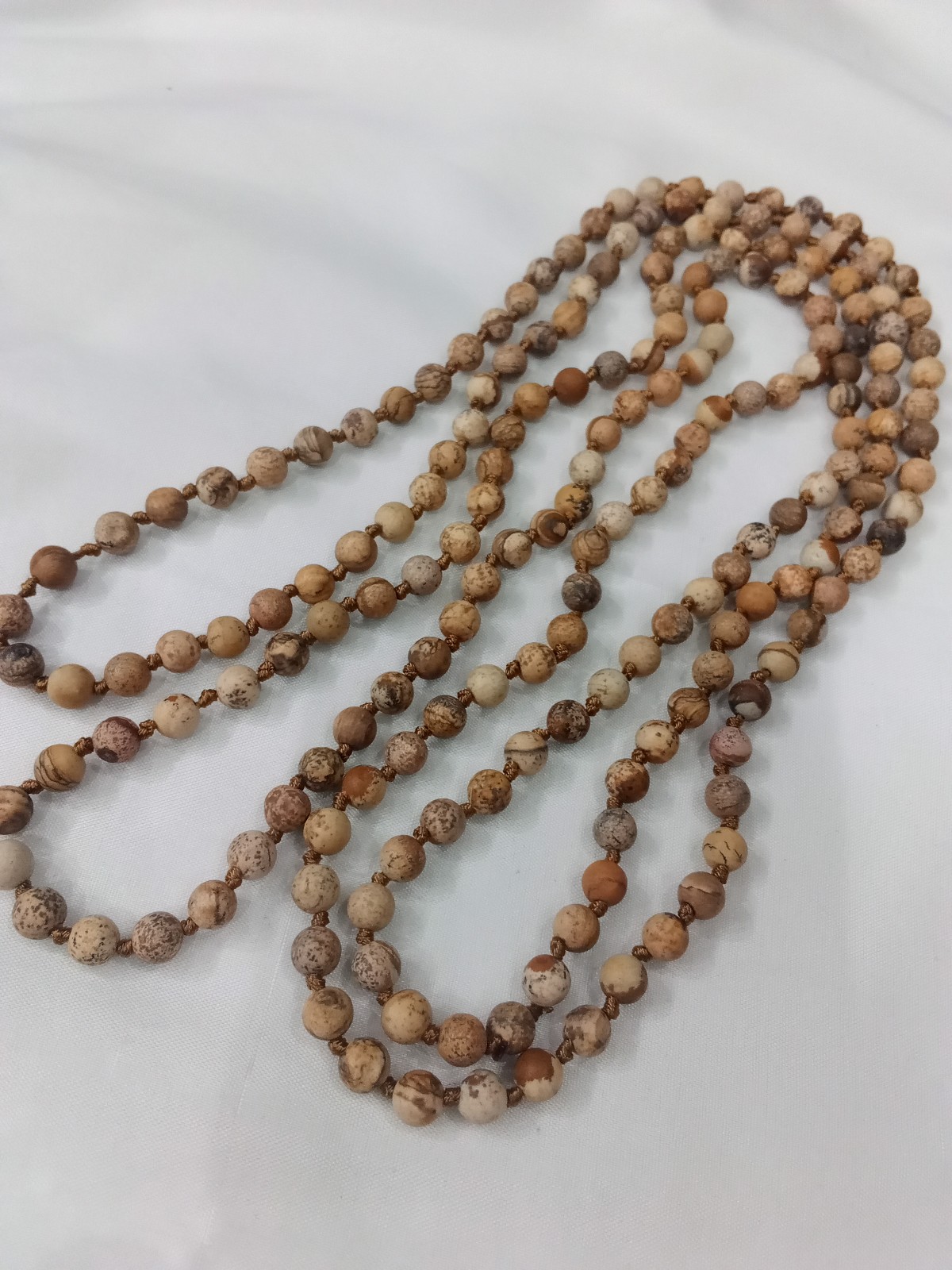 Vintage Brown Earthy Picture Jasper, Bronze Colored Thread Knotted Necklace.
