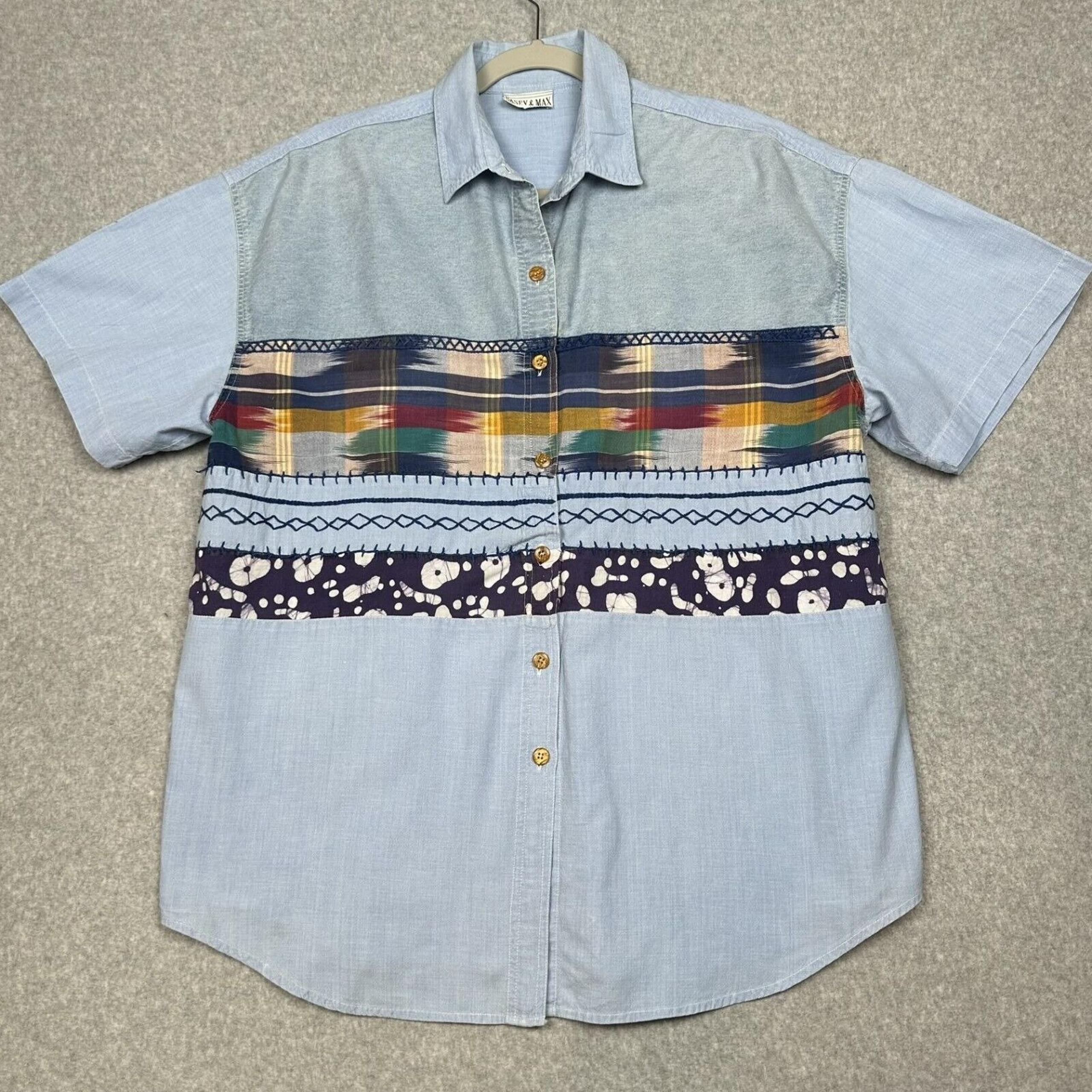 VTG 80s Casey & Max Shirt 20W Chambray Denim Embroidered Button Up Top Tribal