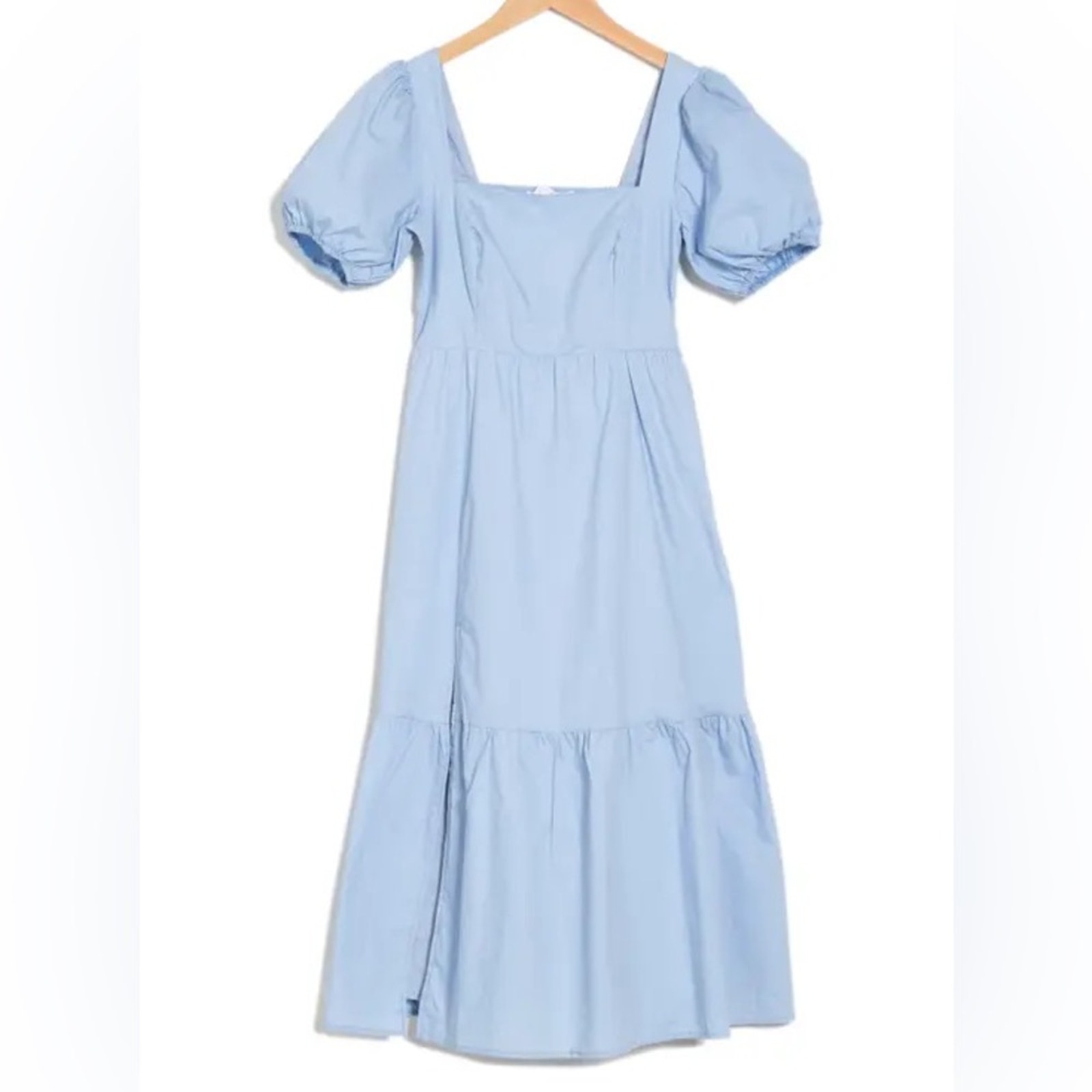 ASTR Poplin Puff Sleeve Tiered Midi Dress In Blue Size XS 100% Cotton