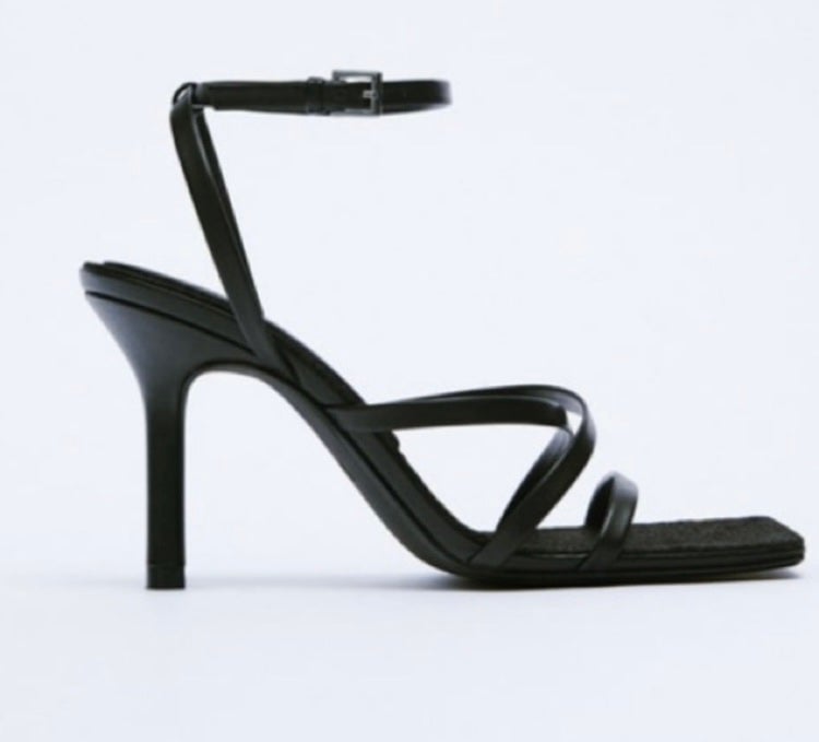 Zara Black Heeled Leather Sandals With Jute Insole Size 40 EU