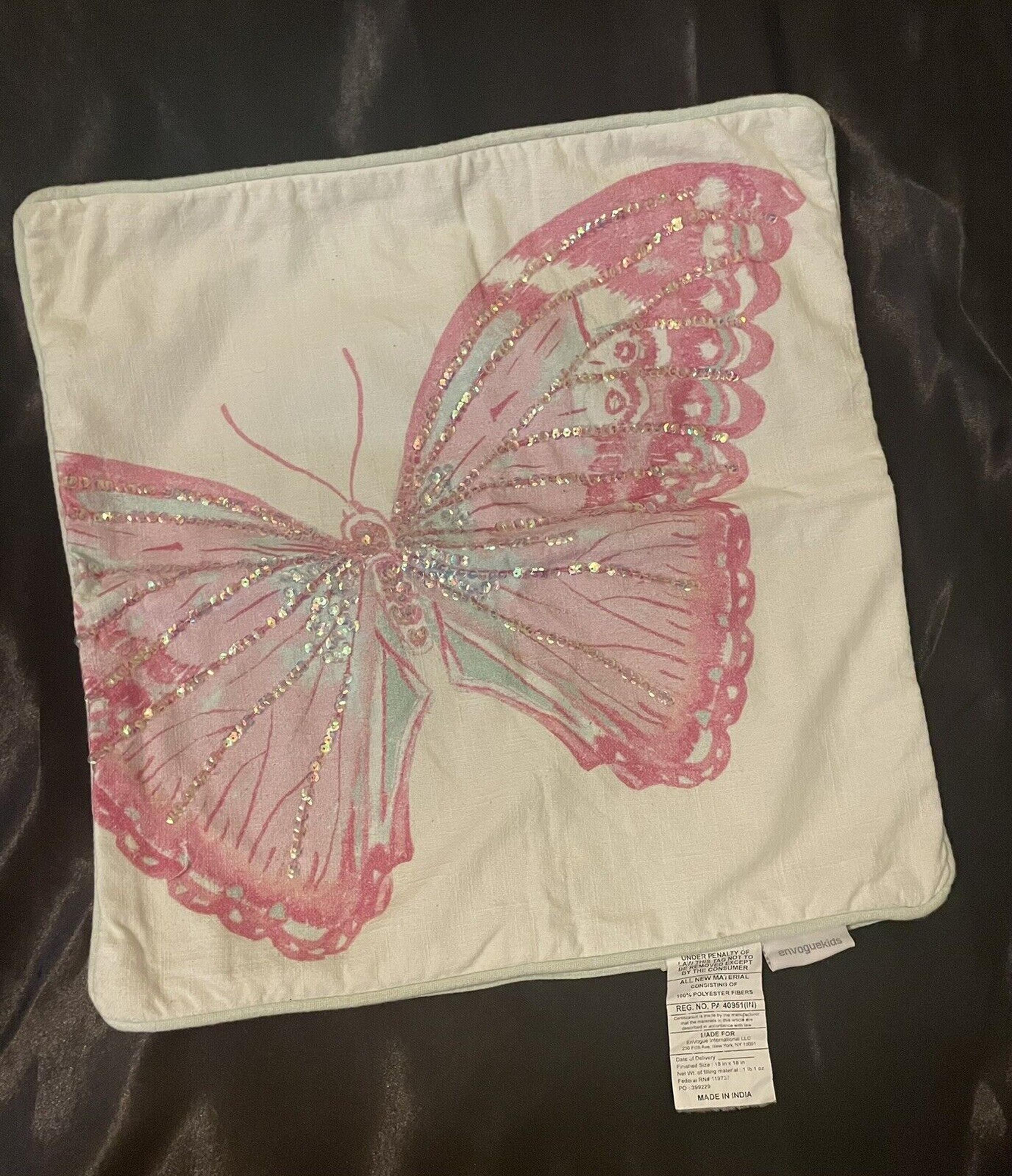 Envogue Kids Accent Pillow Pink Butterfly Pillow Cream, Sea Foam 17 x 17 Cover