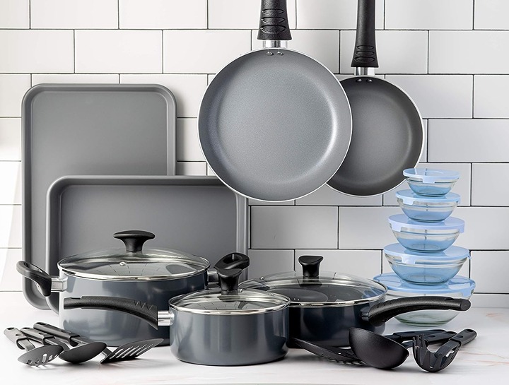 Nonstick Cookware Set with Glass Lids,21 Piece, Black
