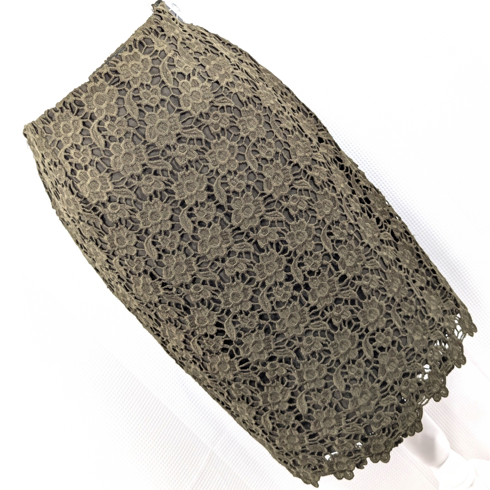 NWT@398! W BY WORTH! LODEN GREEN MACRAME LACE OVER STRETCH CHIFFON SKIRT! SZ 10