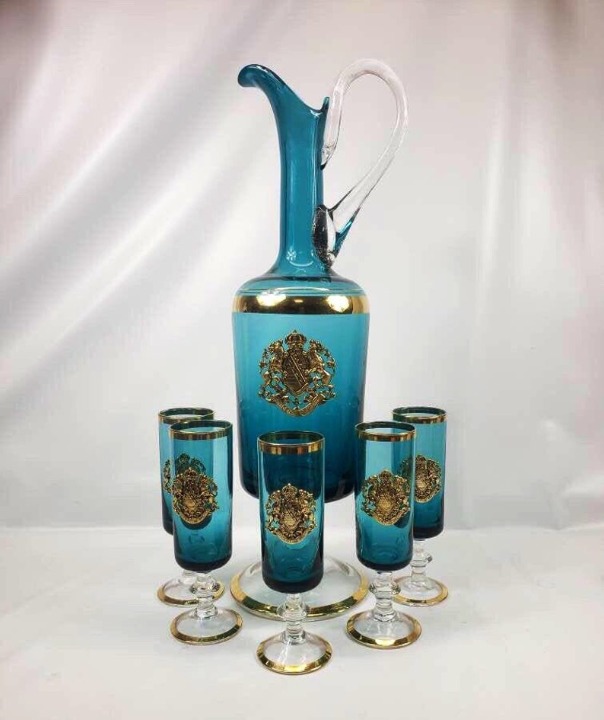 aqua blue glass, saxony, wine set, wine bottle, wine set