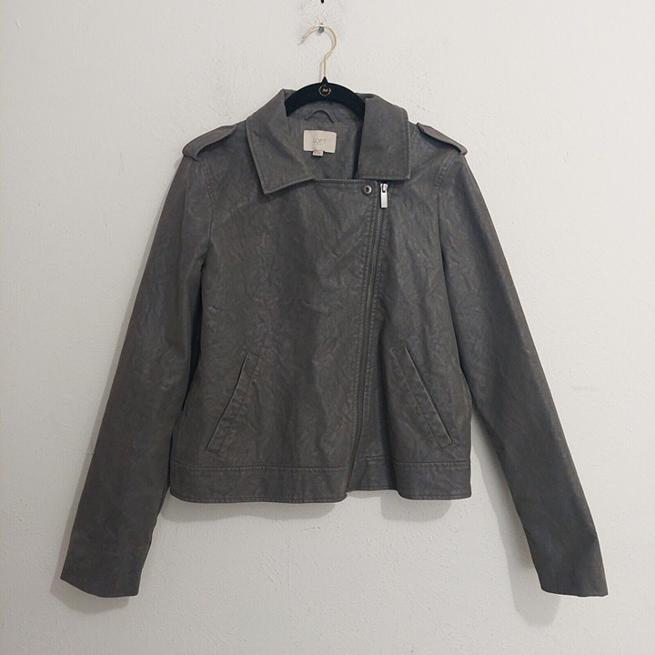 Ann Taylor LOFT Vegan Leather Moto Jacket Sz 4 Gray Asymmetrical Zipper Pockets