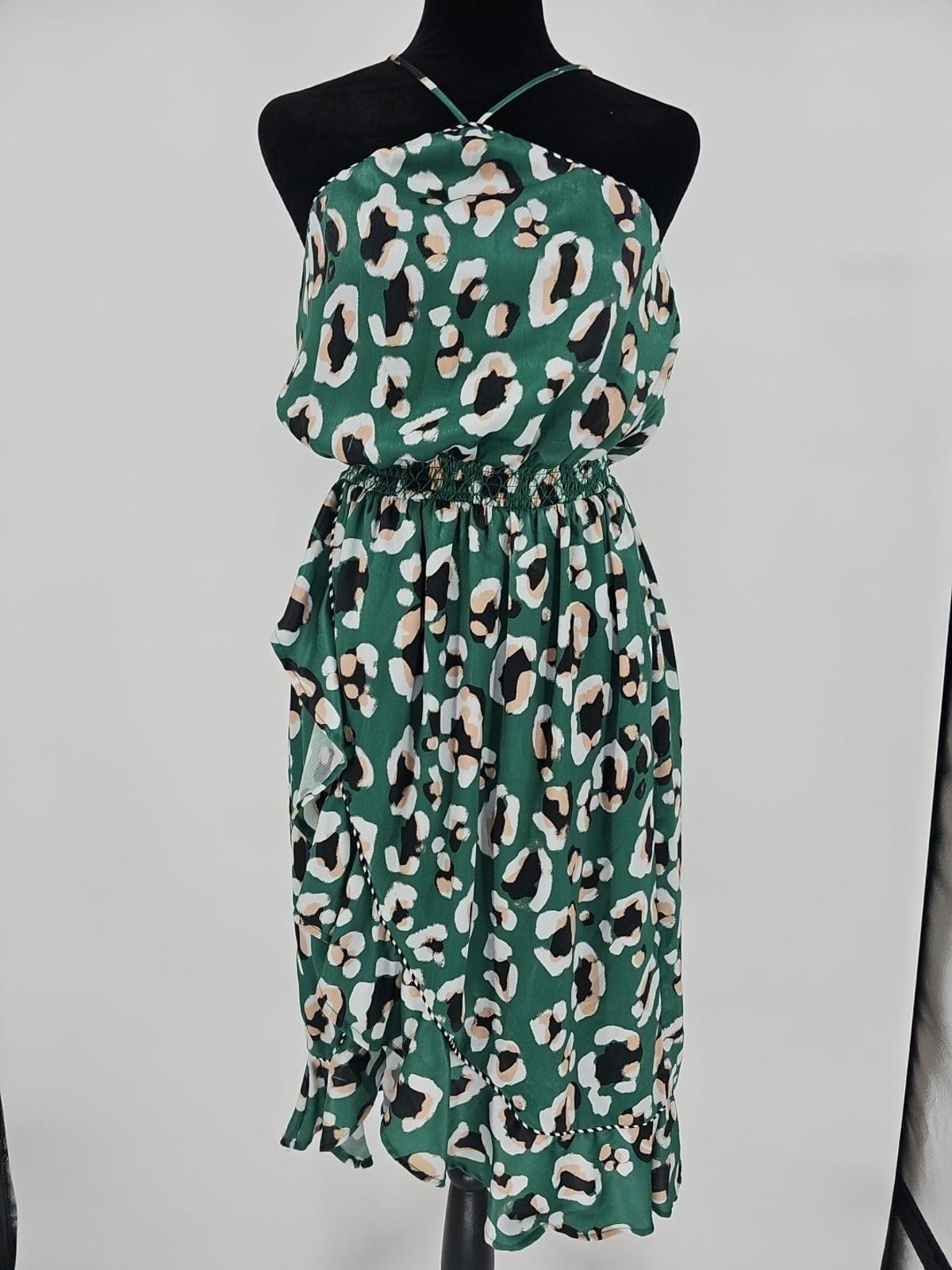 House of Harlow 1960 + Revolve Women's Dress XS Green Leopard Print Ruffles