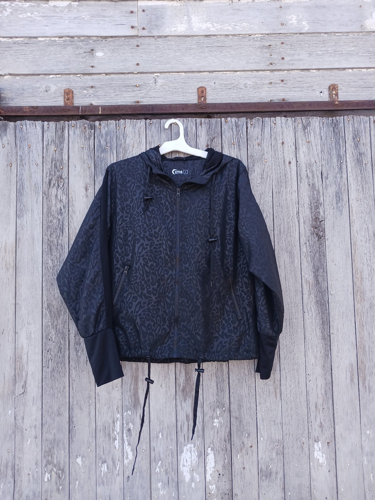 ZYIA Active Jacket Womens Black Cheetah Print Windbreaker Bomber Full Zip Sz L
