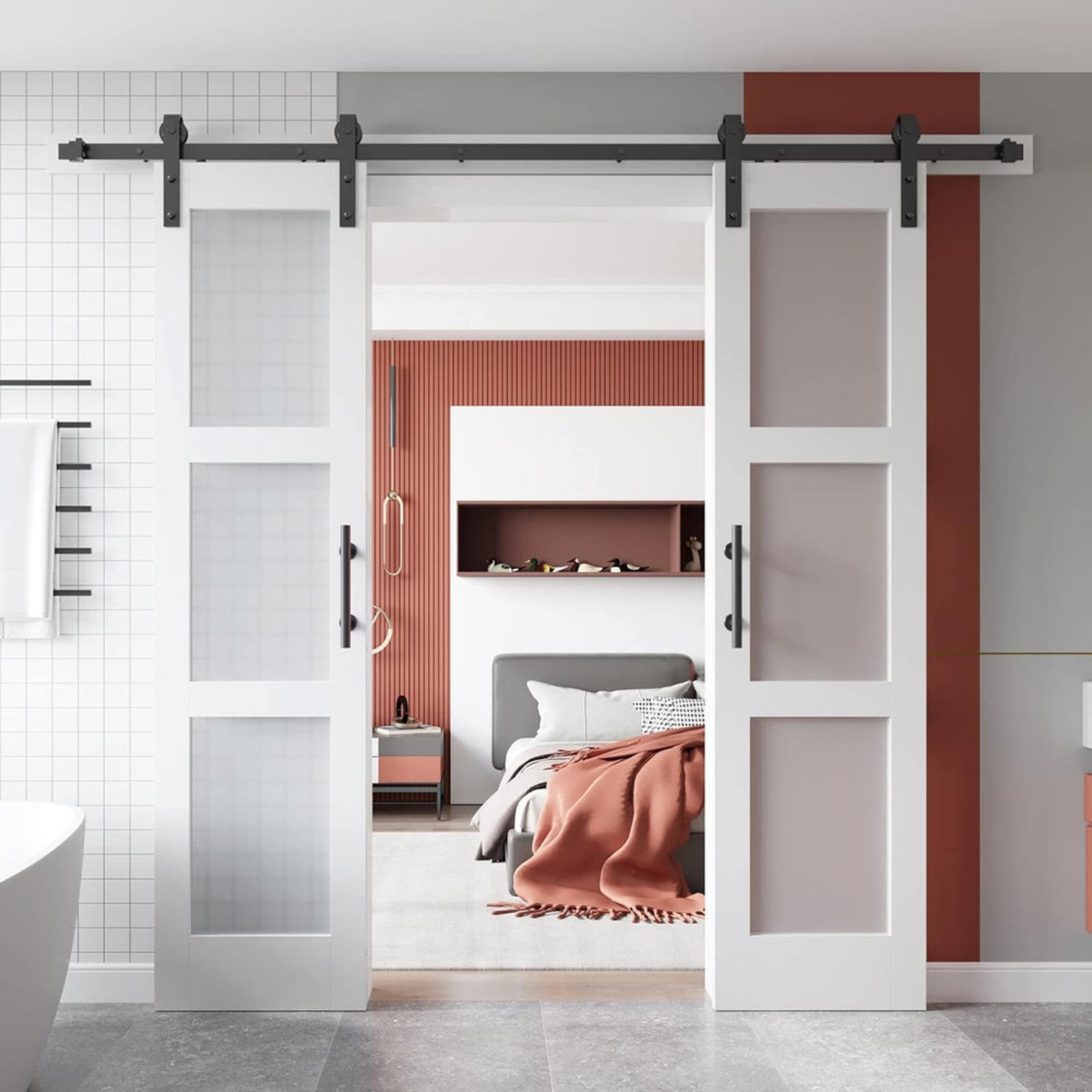 EaseLife 42in x 84in (Double 21in×84in Door) Glass Barn Door