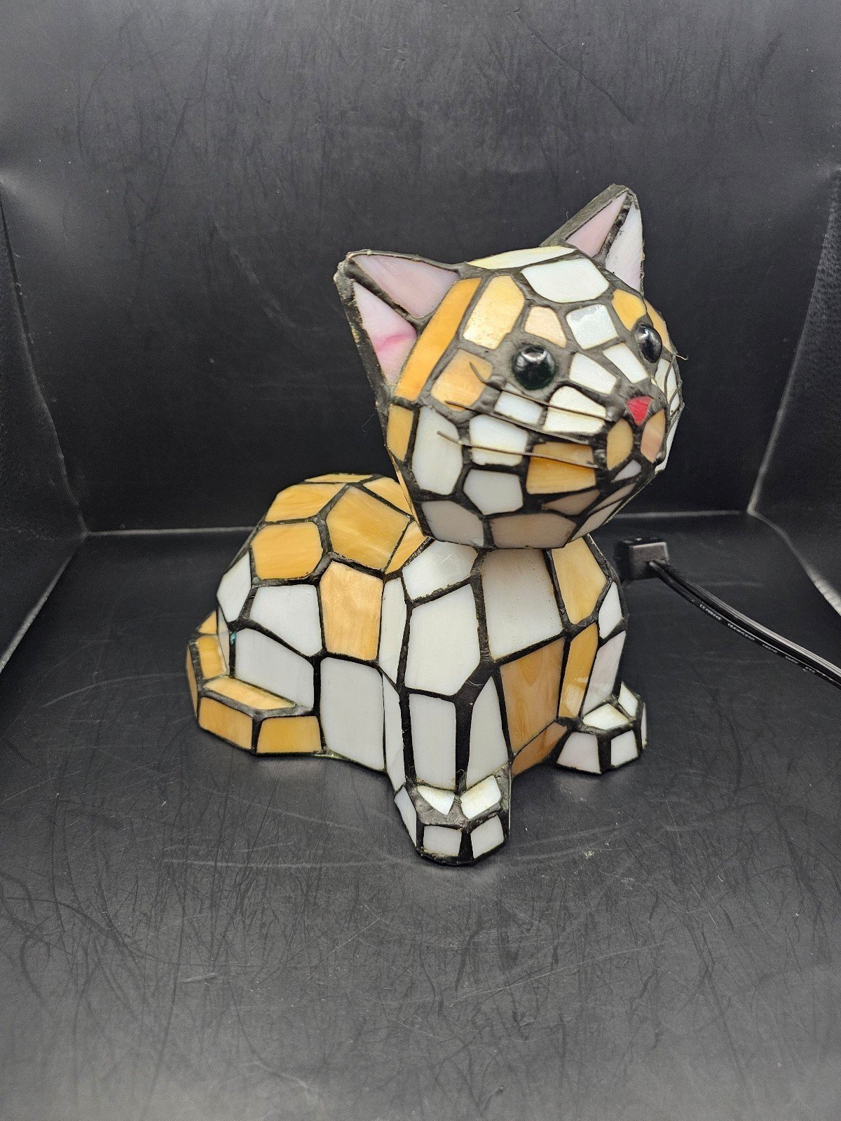 Tiffany Style Stained Glass 8 Orange/White Cat Bobble Head Lamp