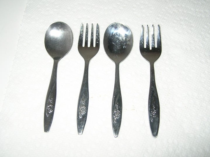 2 Sets of Vintage THE FIRST YEARS CHILDS Deluxe 2 SPOONS 2 FORKS Stainless E