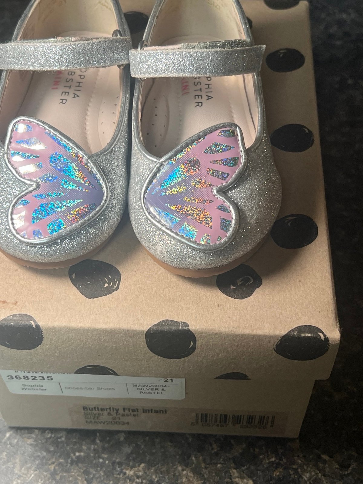 Sophia Webster toddler shoes silver glitter with pastel butterfly