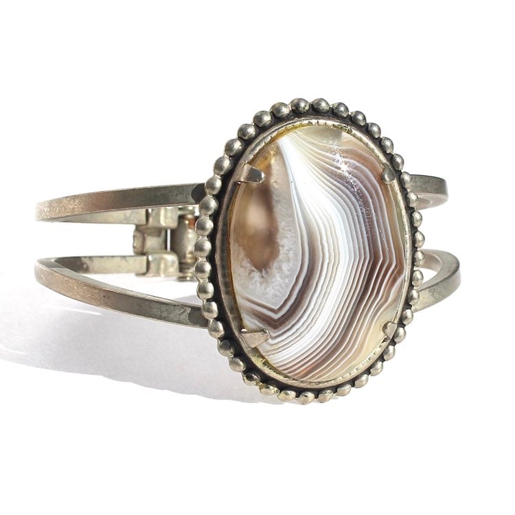 Vintage Botswana Agate Statement Cuff Bracelet Silver Tone Banded Brown Cabochon