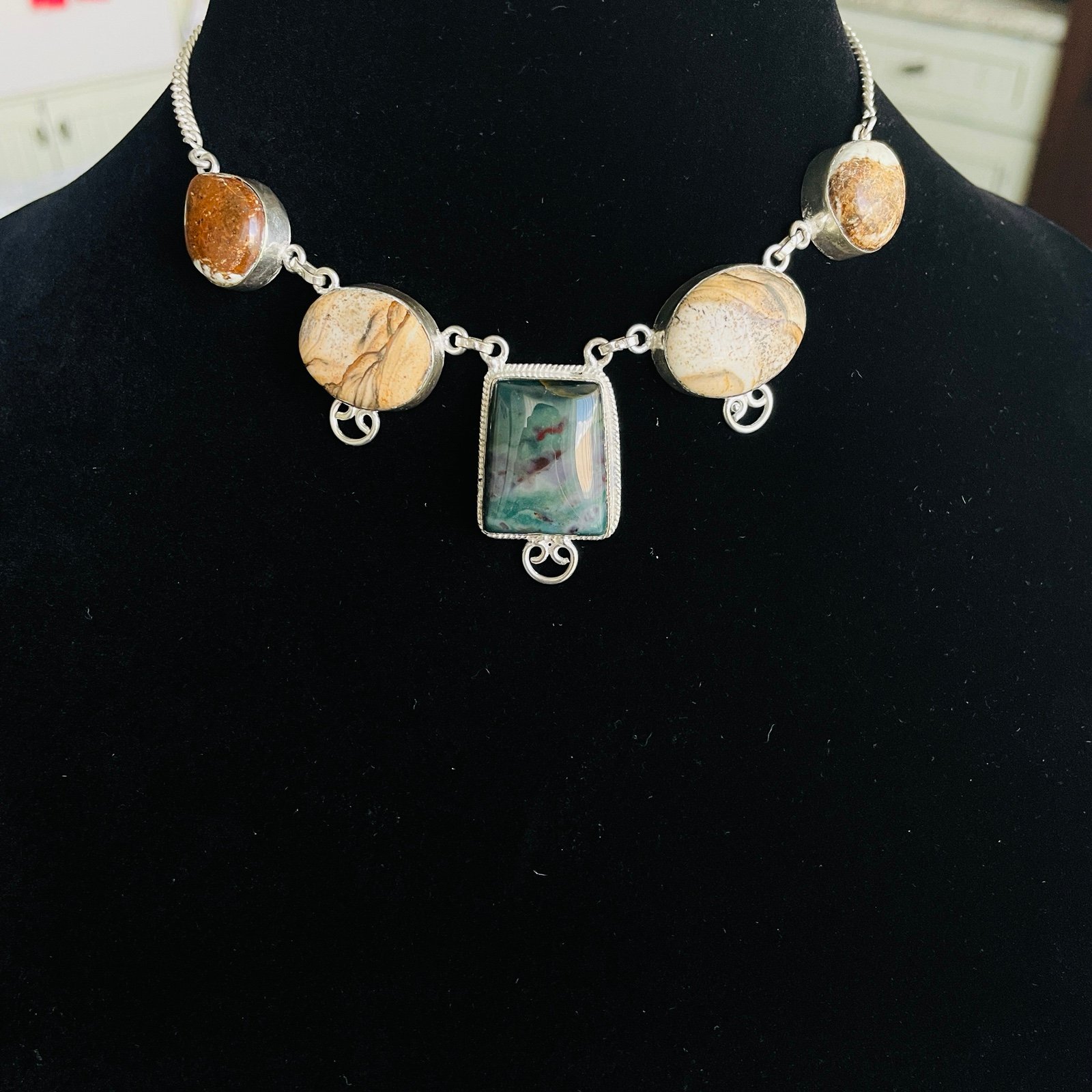 Green Ocean & Picture Jasper Natural Gemstones 14” Necklace in Sterling Silver