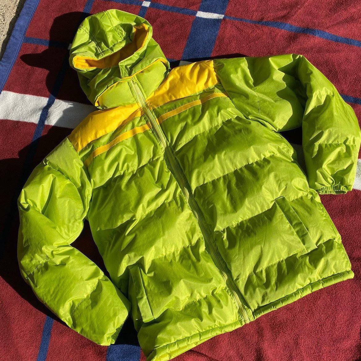 Ridiculously dope color block Lime green puffer coat jacket with the softest yel