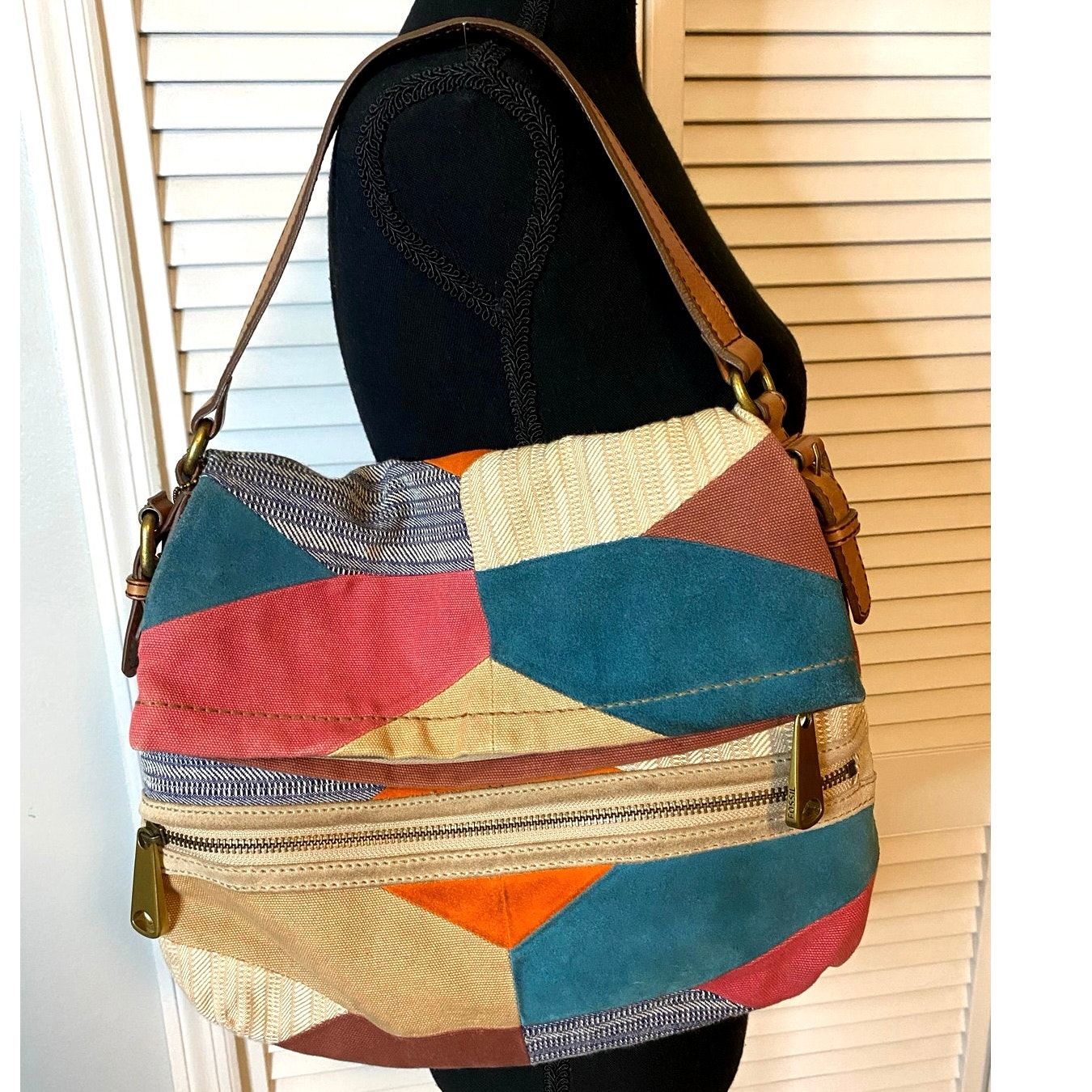 Fossil Patchwork Suede canvas Fold over messenger Top Handle Boho Charms