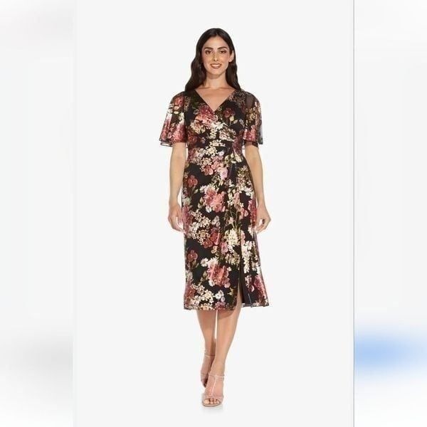 Adrianna Papell Floral-Print Metallic Flutter-Sleeve Dress Size 4 Petite