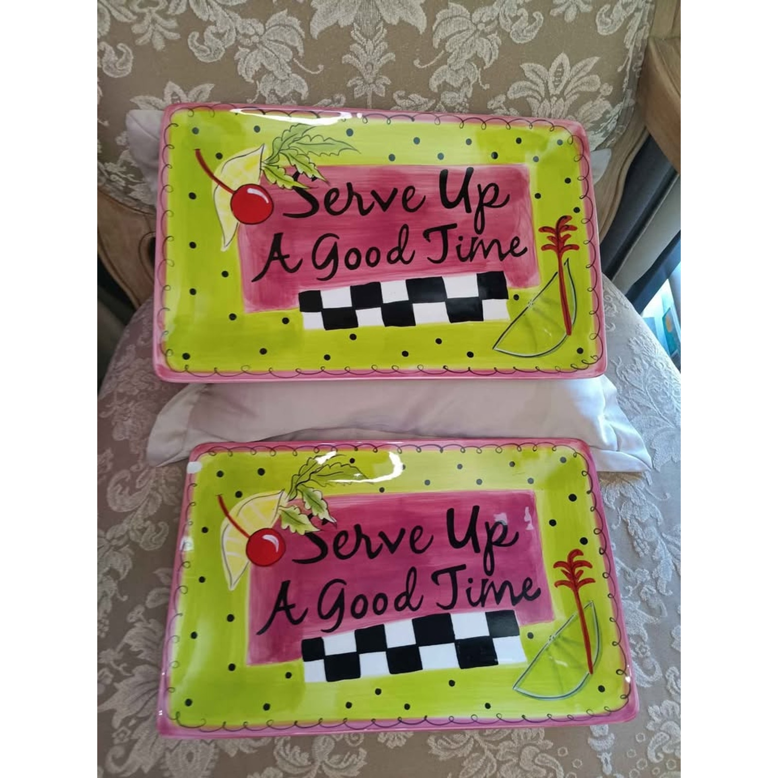 2 Green Pink Rectangular Ceramic Serving Trays - 14 X 9