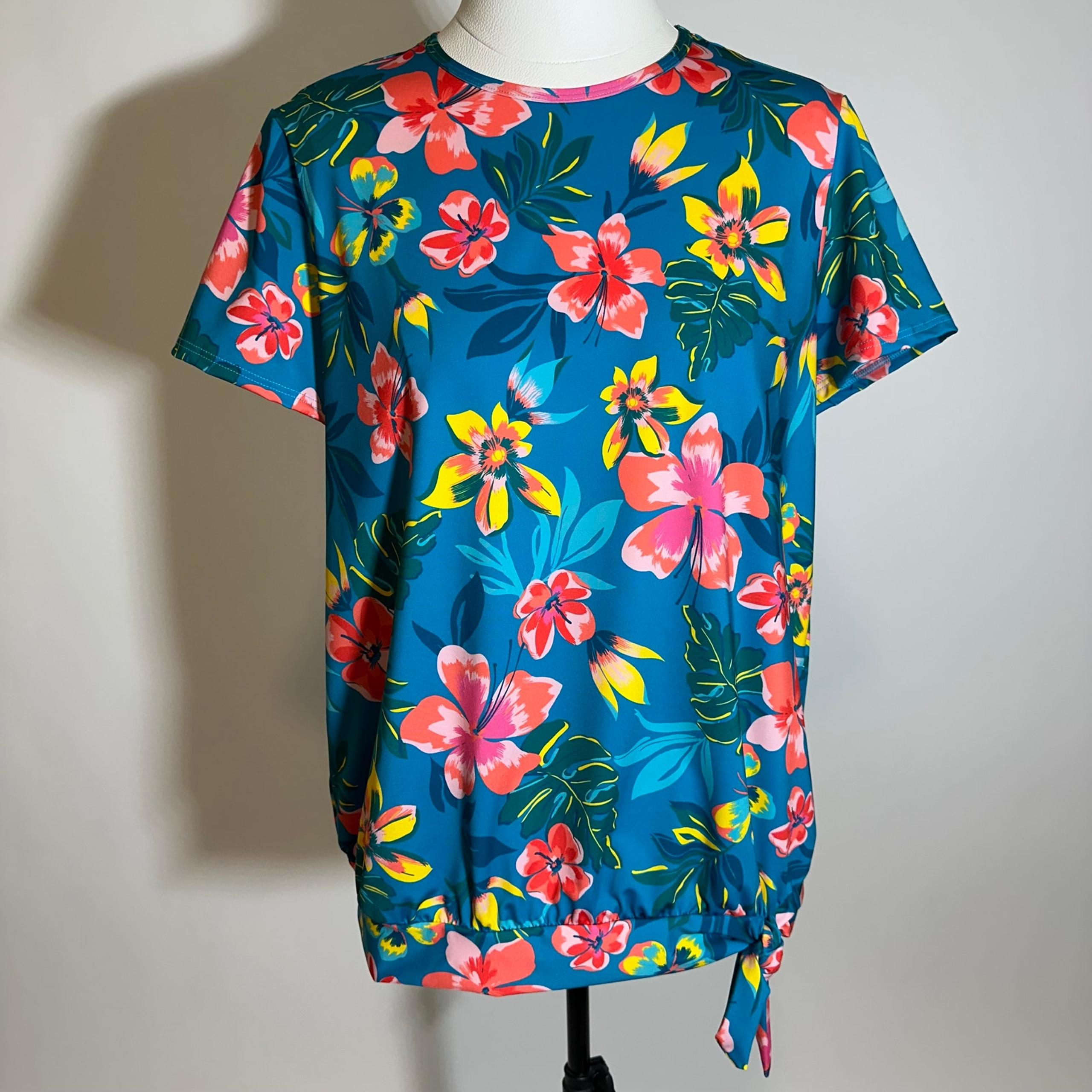 Lands End Multicolor Bright Floral Short Sleeve Blouse Womens Size Medium 10-12
