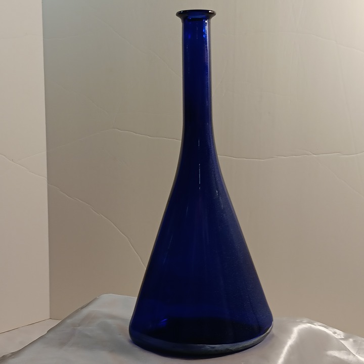 Vintage Blue Cobalt & Gold Glitter Long Neck- Funnel Shaped Glass Bottle/ Vase