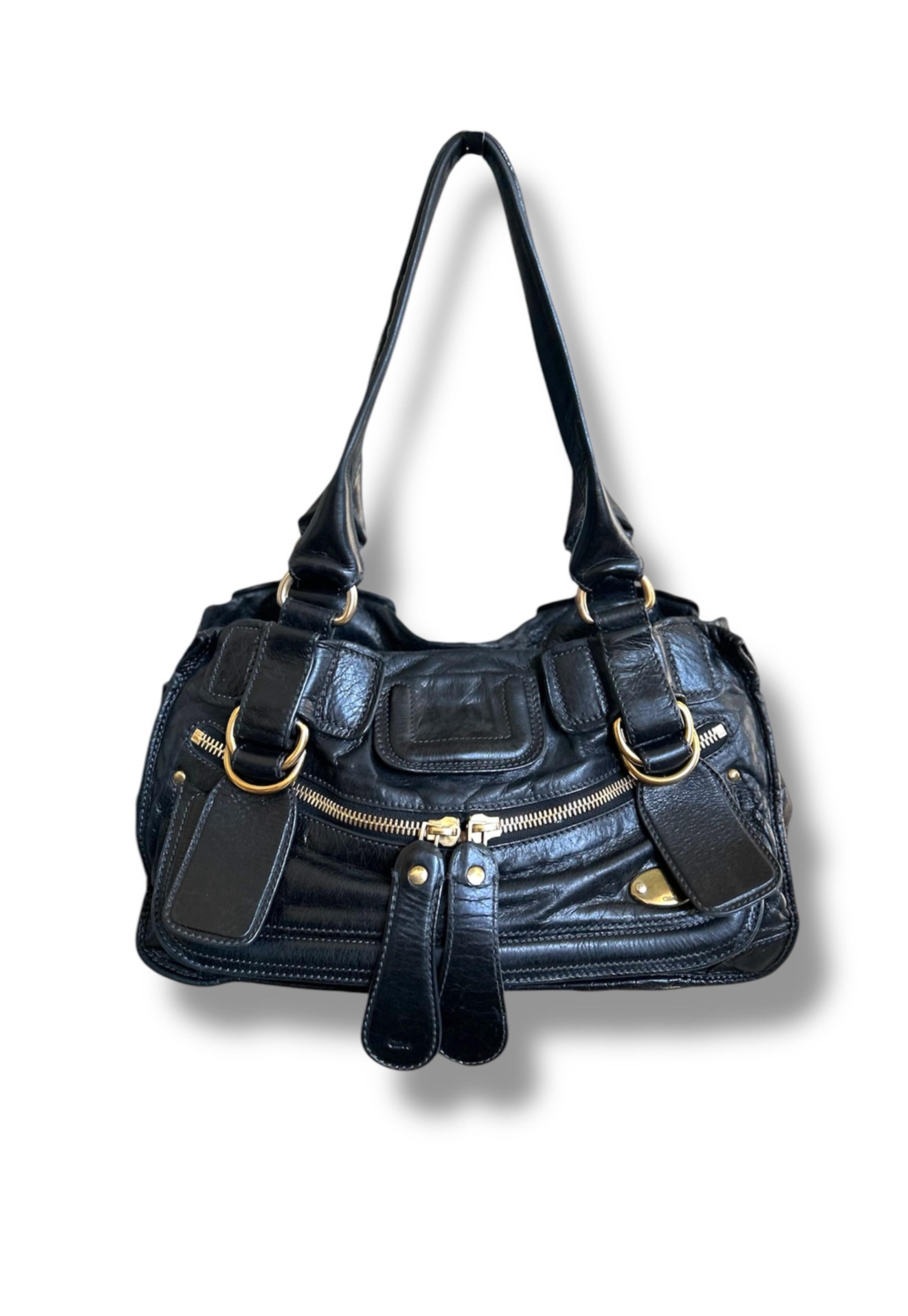 Chloe Bay Black Genuine Leather Shoulder Bag Gold Hardware Handbag