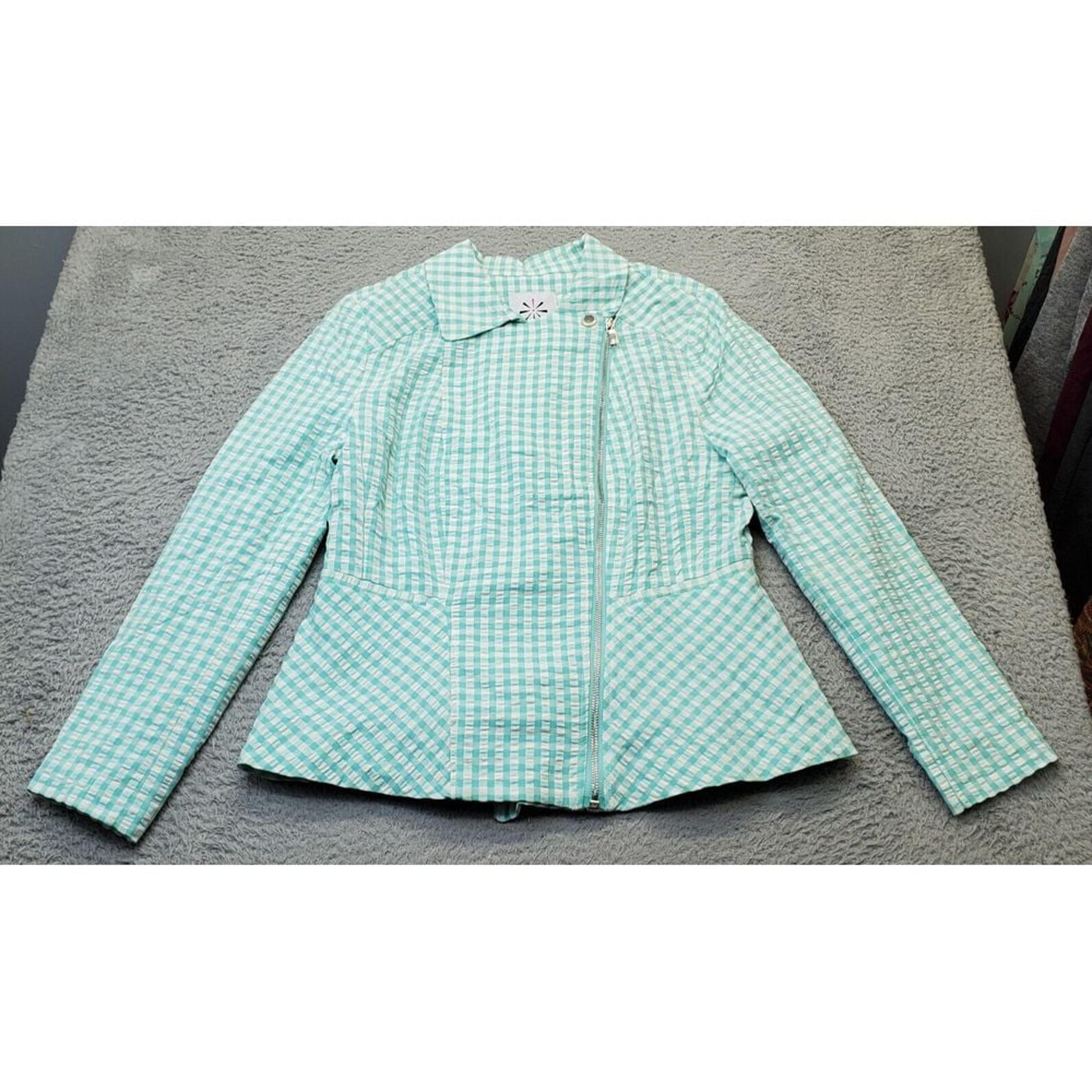 Isaac Mizrahi Motorcycle Jacket Women Size 10 Green Gingham Collar Cliffside Zip