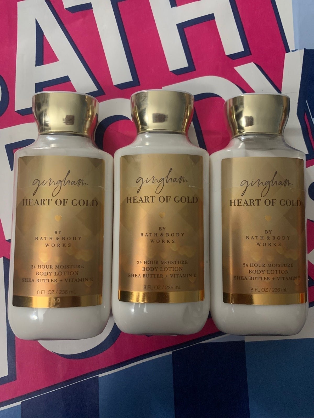 3 NEW BODY LOTION GINGHAM HEART OF GOLD SET BATH & BODY WORKS FRAGRANCE SKINCARE