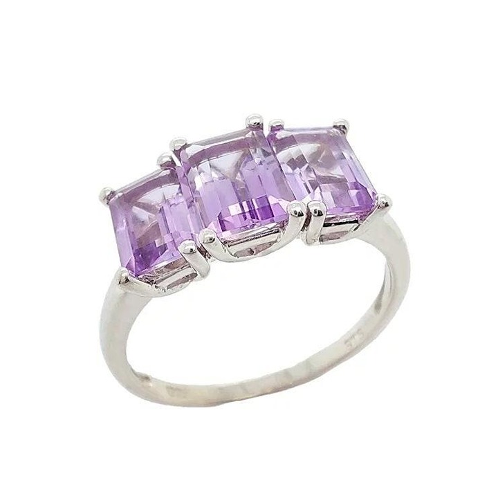 5.20Ct Natural Emerald Cut Purple Amethyst Trio Cluster Ring 14k White Gold