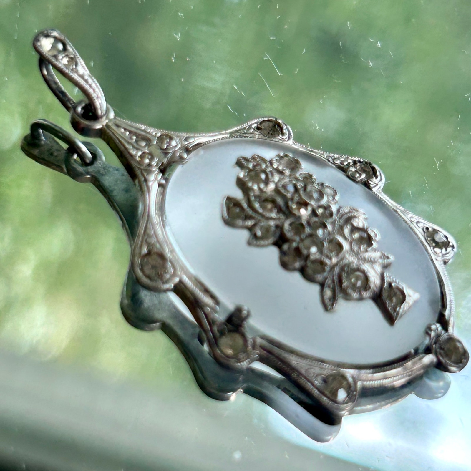 Vintage Art Deco Camphor Glass Sterling Silver and Rhinestones Pendant