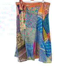 Womens Boho Hippie Artsy Beach Mixed Media Patchwork Tie Wrap Midi Skirt Size OS