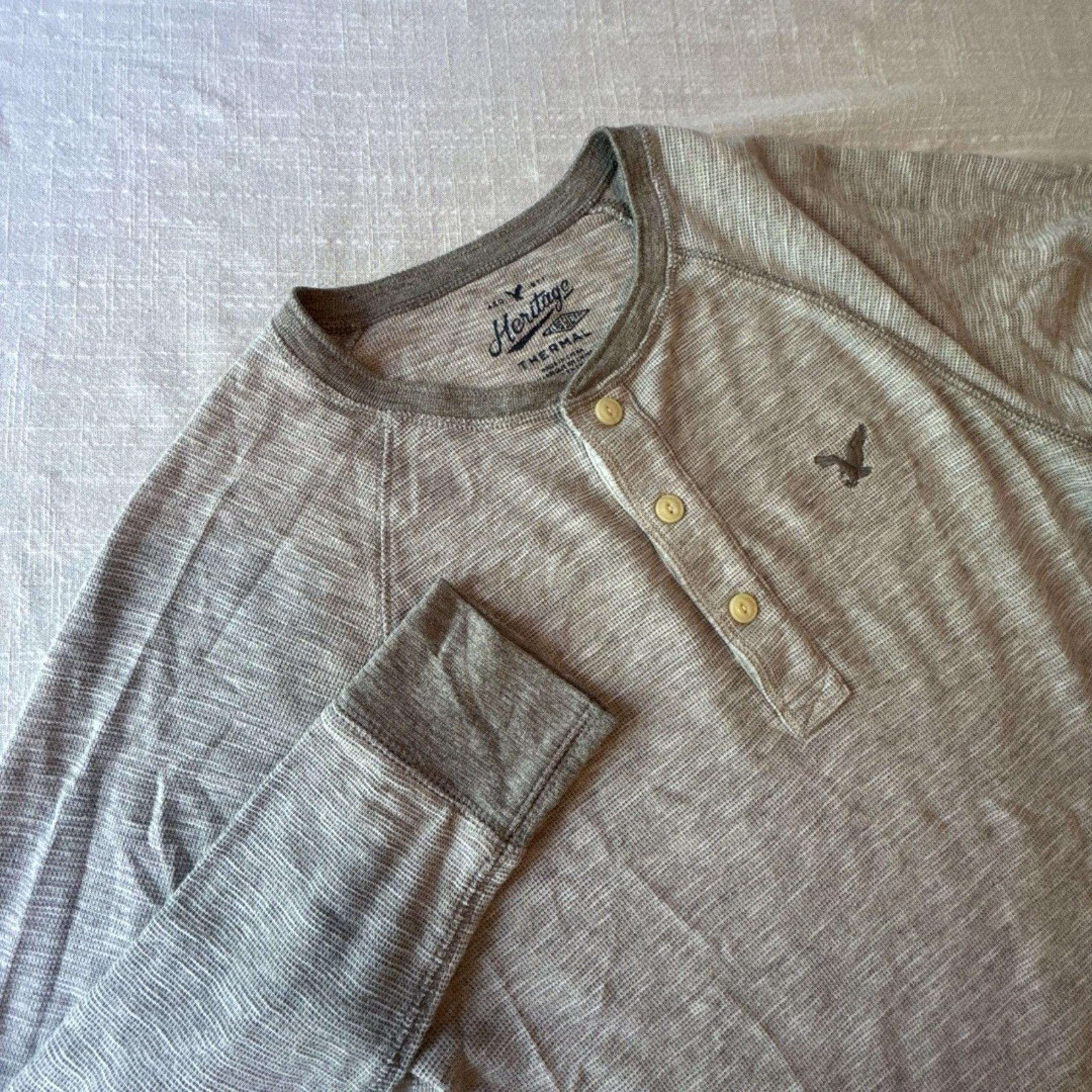 American Eagle AEO Heritage Classic Fit Thermal Henley LS Shirt Grey Men’s Sz S