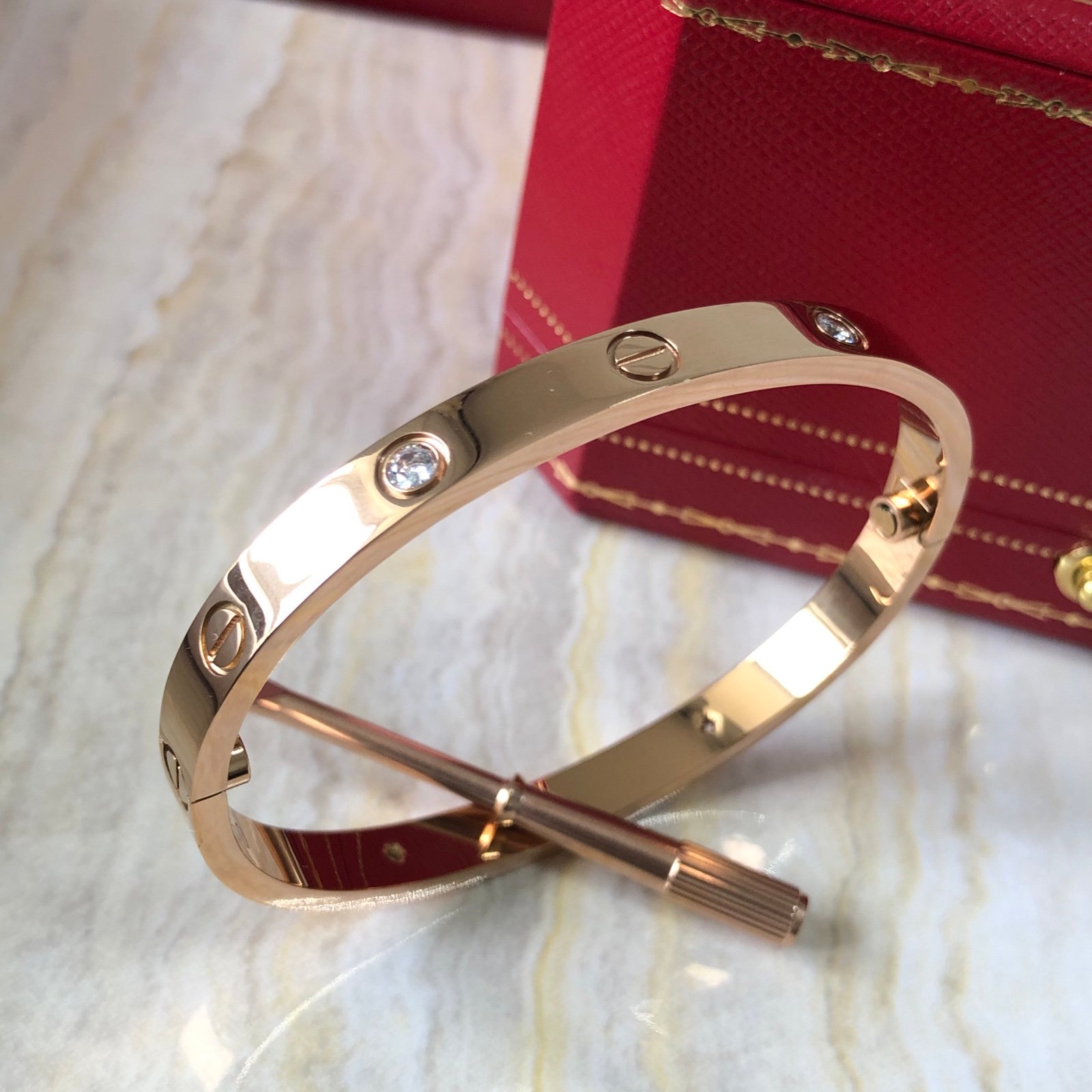 18k Rose Gold 4 Diamond Love Bangle Bracelet Size 16