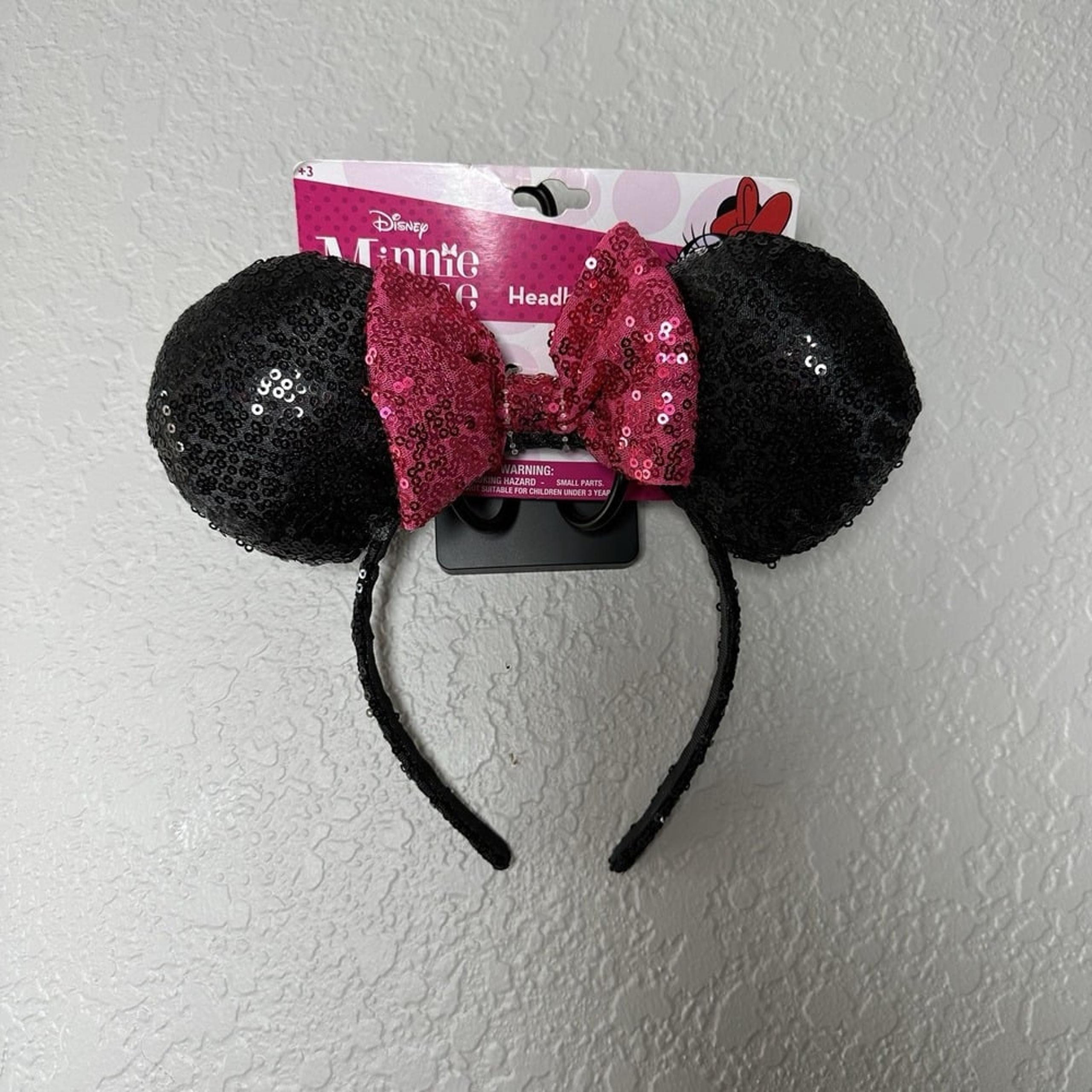 NWT Disney Black Ears Pink Bow Sequins Minnie Mouse Headband