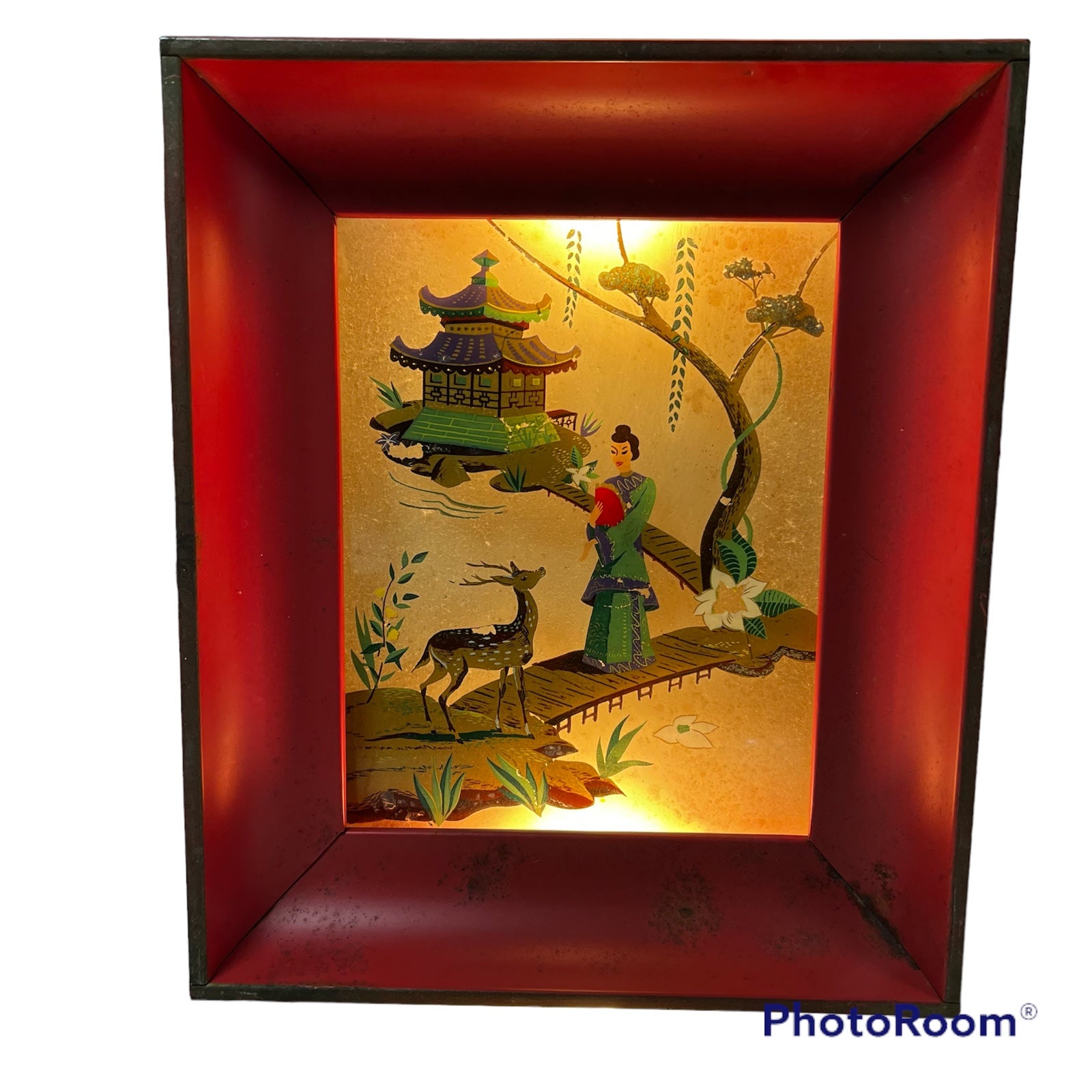 Formed Products Metal Wall Light Box Reverse Painted Glass Chinese Asian Lady