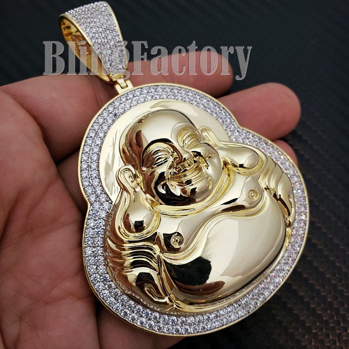 HIP HOP ICED GOLD PT BRASS MICRO PAVE LARGE HAPPY BUDDHA BLING CHARM PENDANT