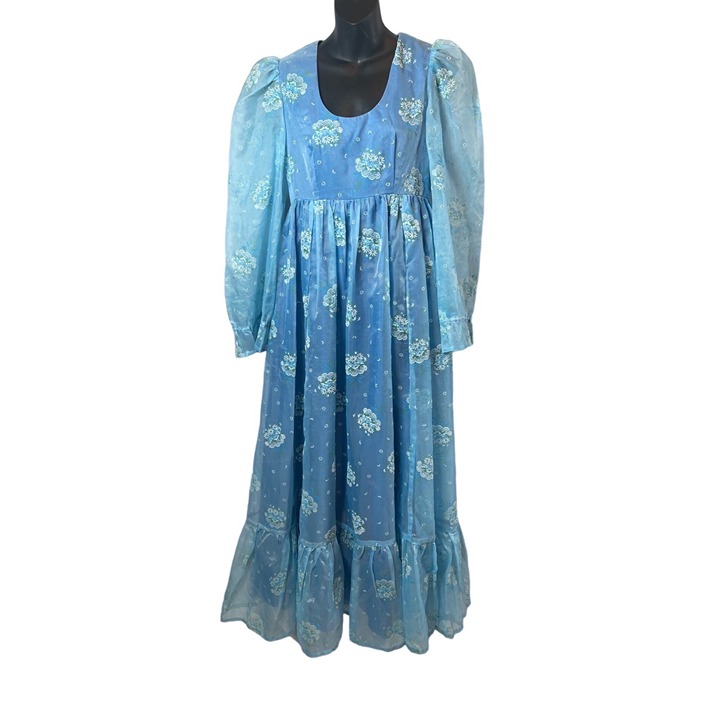 Vtg. Gunne Sax Style 1970’s Floral Chiffon Blue Maxi Cottage Core Dress Sz. M