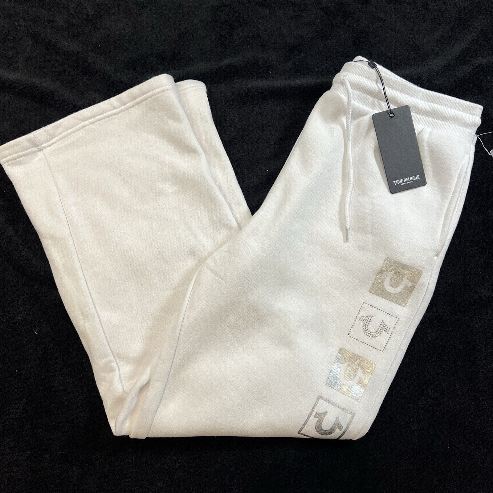 True Religion Straight Leg Pants Sweatpants Sz L White Foil Rhinestones NWT 129