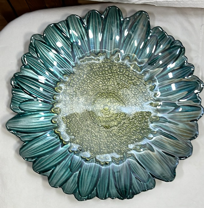 Akcam Sunflower Floral Turkish Art Glass Large Platter Dish 15.75 Diam Cottage