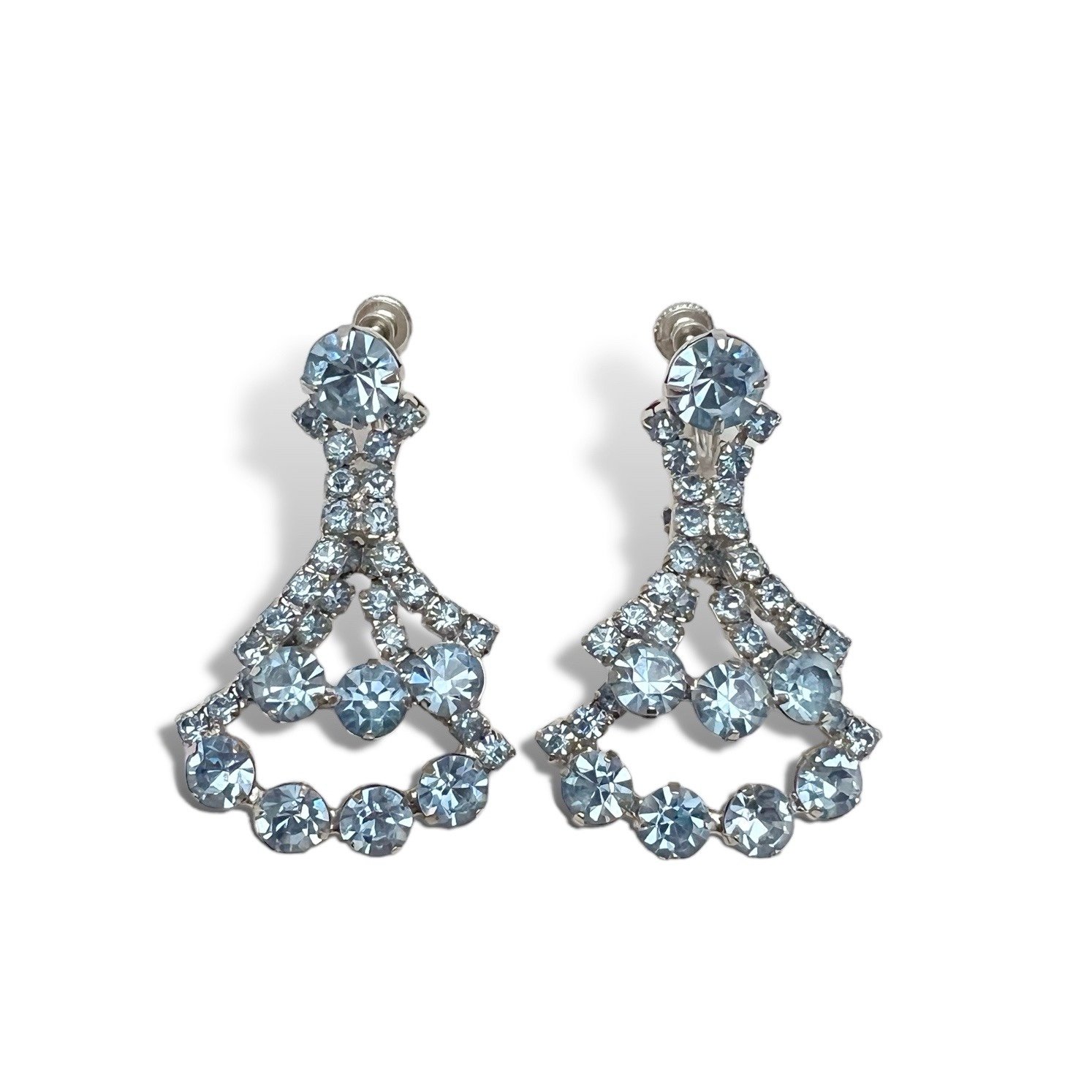 Vintage Light Blue Rhinestone Drop Screwback Silvertone Earrings