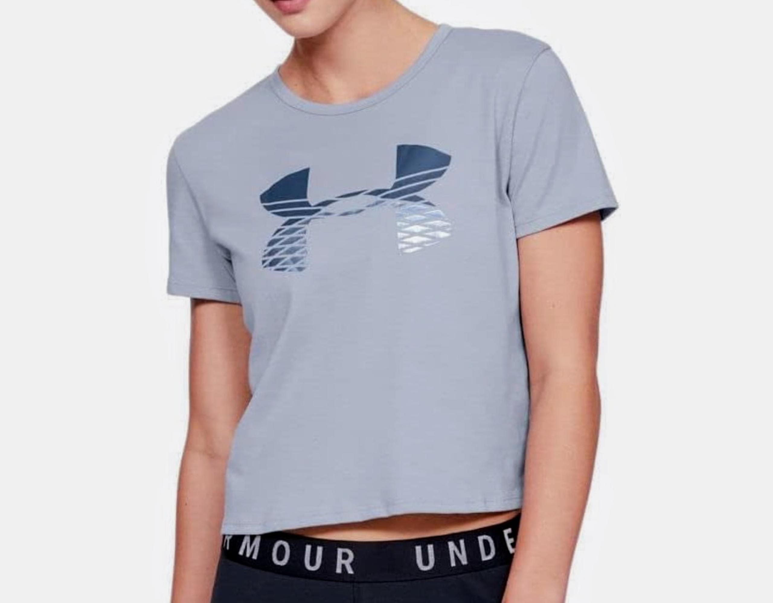 Under Armour Women Small Graphic Blue Crop Baby Short Sleeve T-Shirt UA NEW