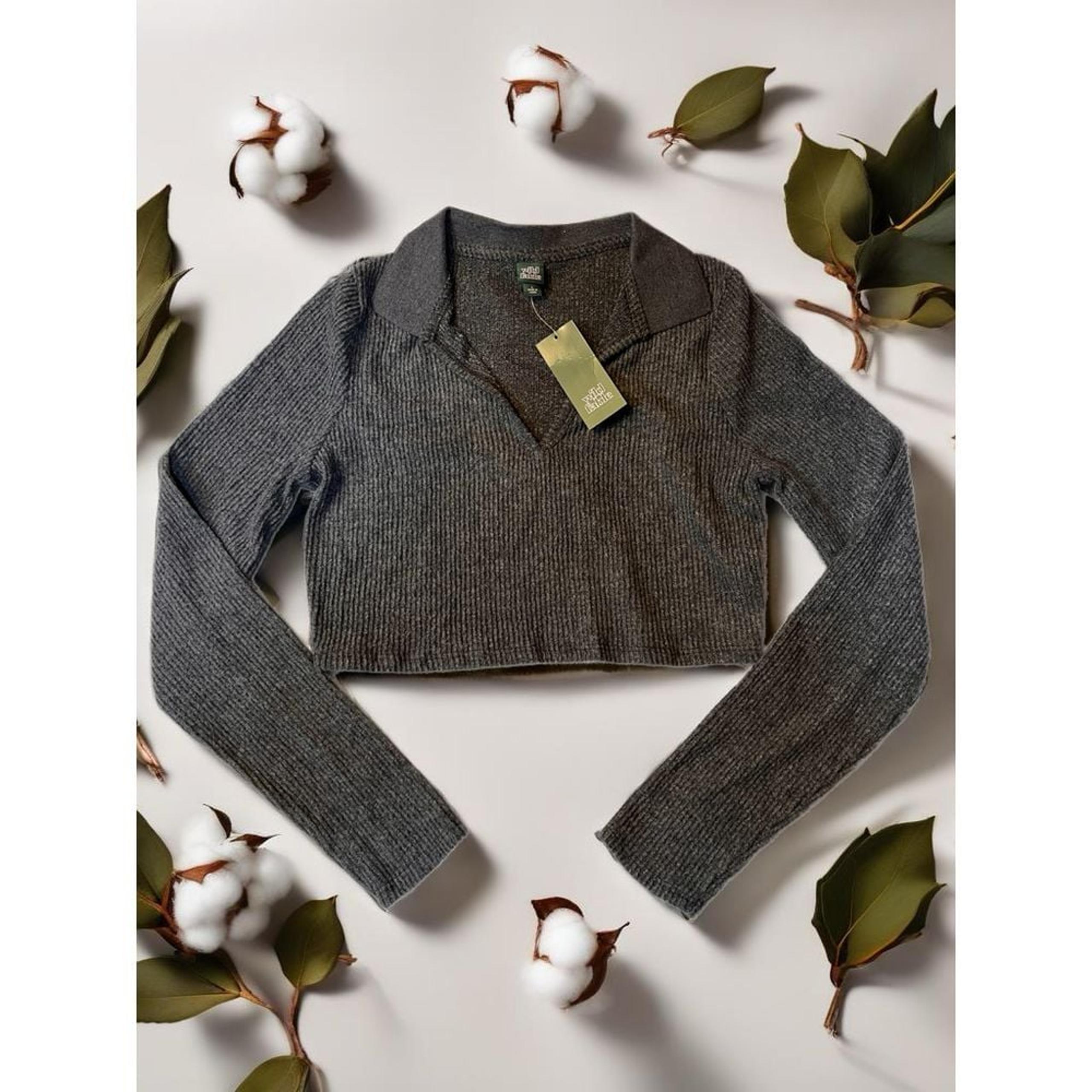 Wild Fable Ribbed Cropped Collared Sweater Long Sleeve Charcoal Gray Size L