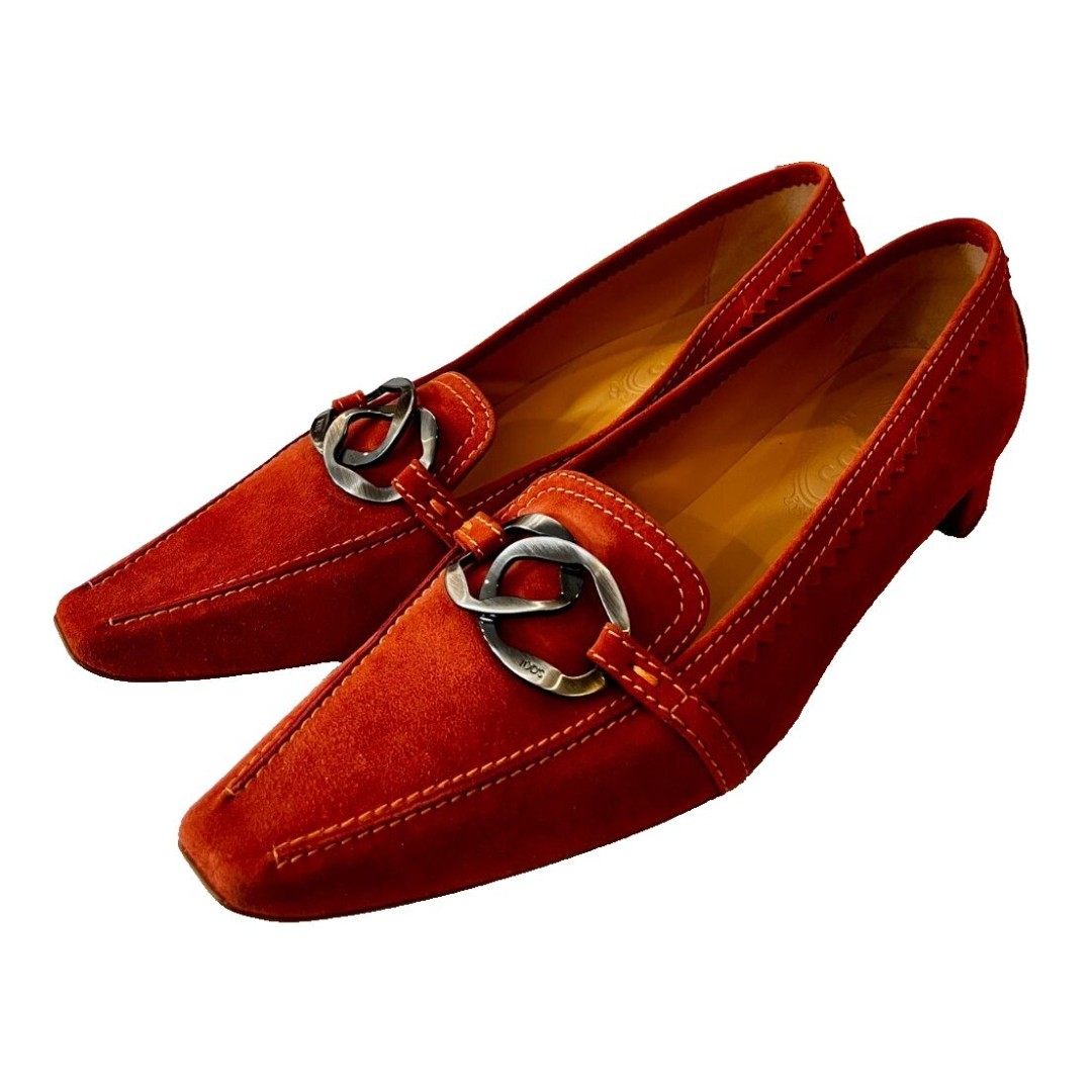 Tod's Suede Low Kitten Heel Orange Whipstitch Trim Pumps Women EU 40 Size 10 NEW