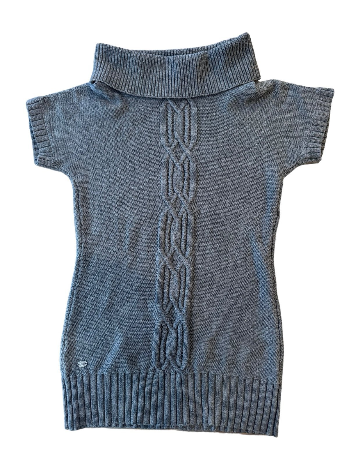 Athleta Turtle Neck Cowl Neck Cable Knit Grey Medium Short Sleeve Sweater