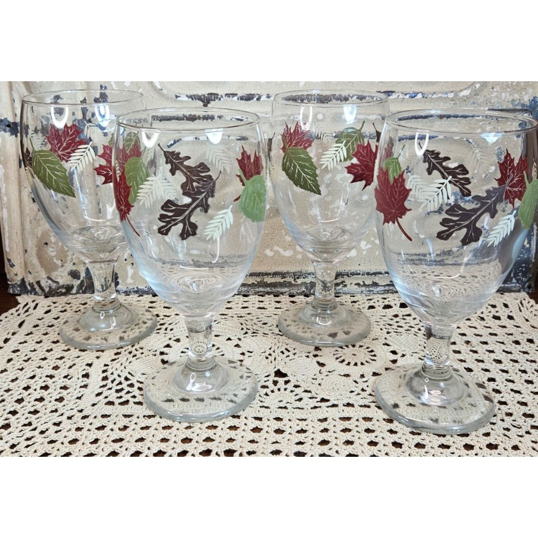 Set of 4 Libbey 16 oz. Fall Autumn Oak Leaves Wine Glasses Water Goblets