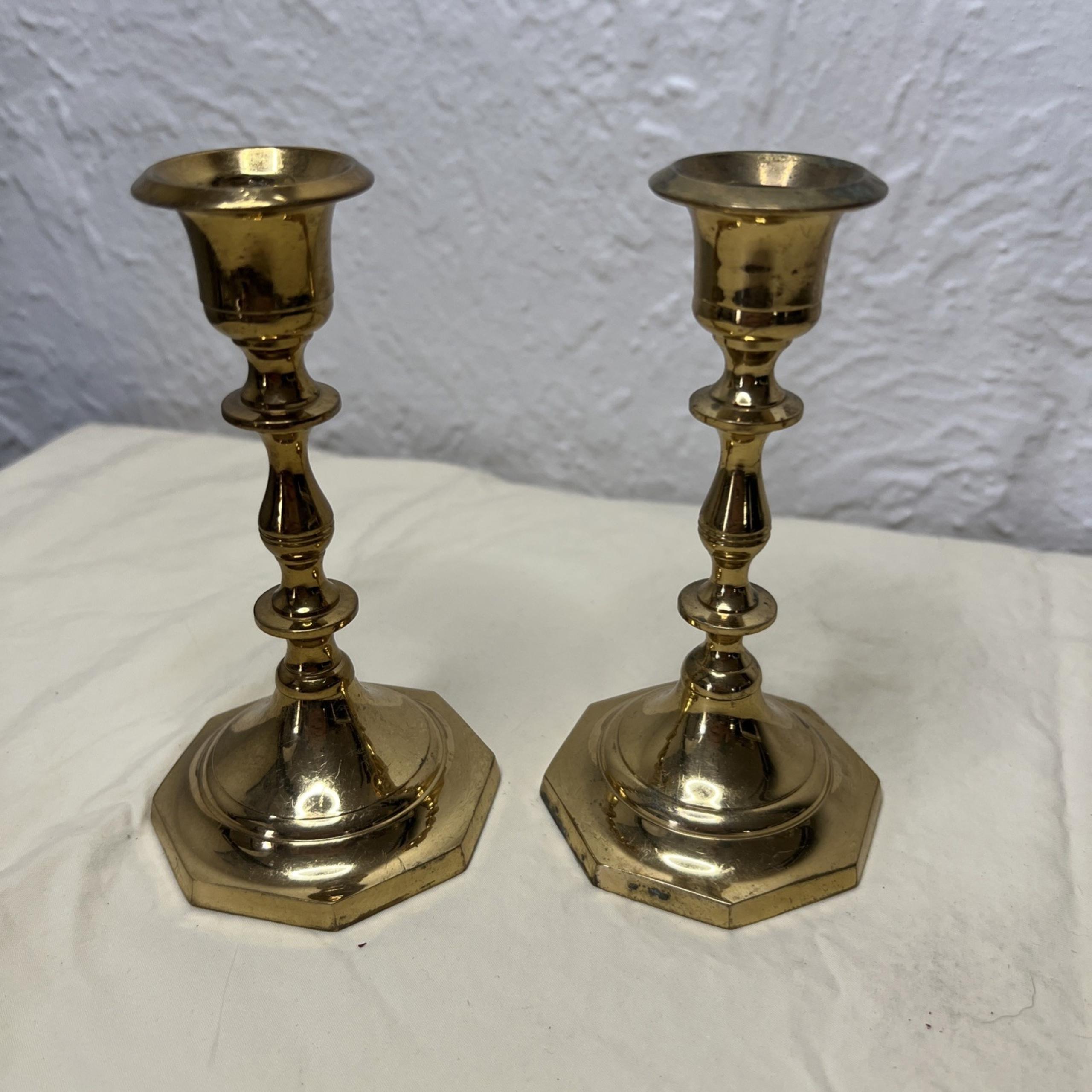 Pair Of Brass Candlestick Holders MADE IN INDIA  5 1/4 INCHES  L