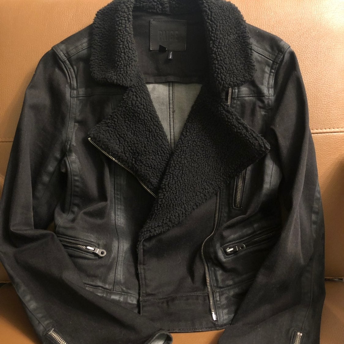 Paige Denim Shearling Collar Moto Jacket