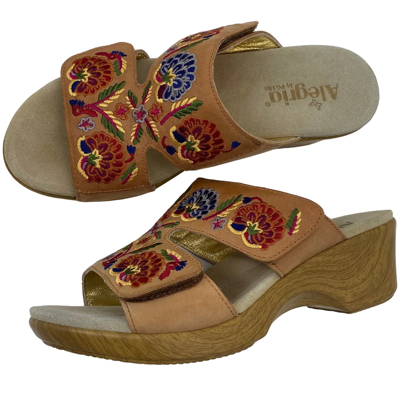 Alegria Linn Sandals Embroidered Floral Leather Wedge Cognac Brown Womens 41 8.5